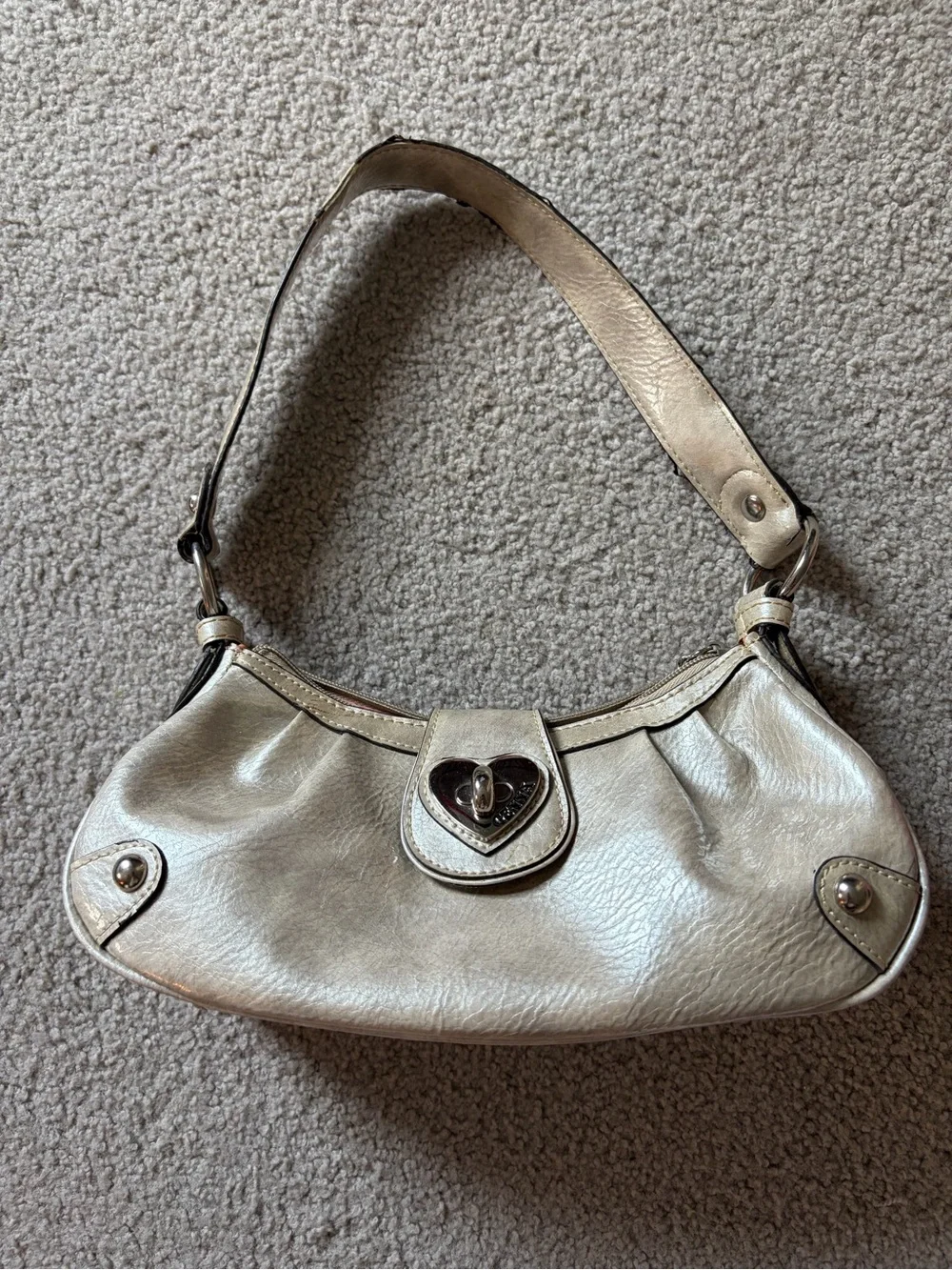 Metallic Cream Shoulder Bag with Heart Turn-Lock Accent